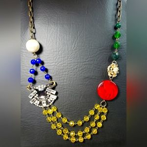 Signed Plunder Colorful Asymmetric Necklace w/ Rhinestones Pearls Faceted Beads